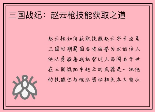 三国战纪：赵云枪技能获取之道
